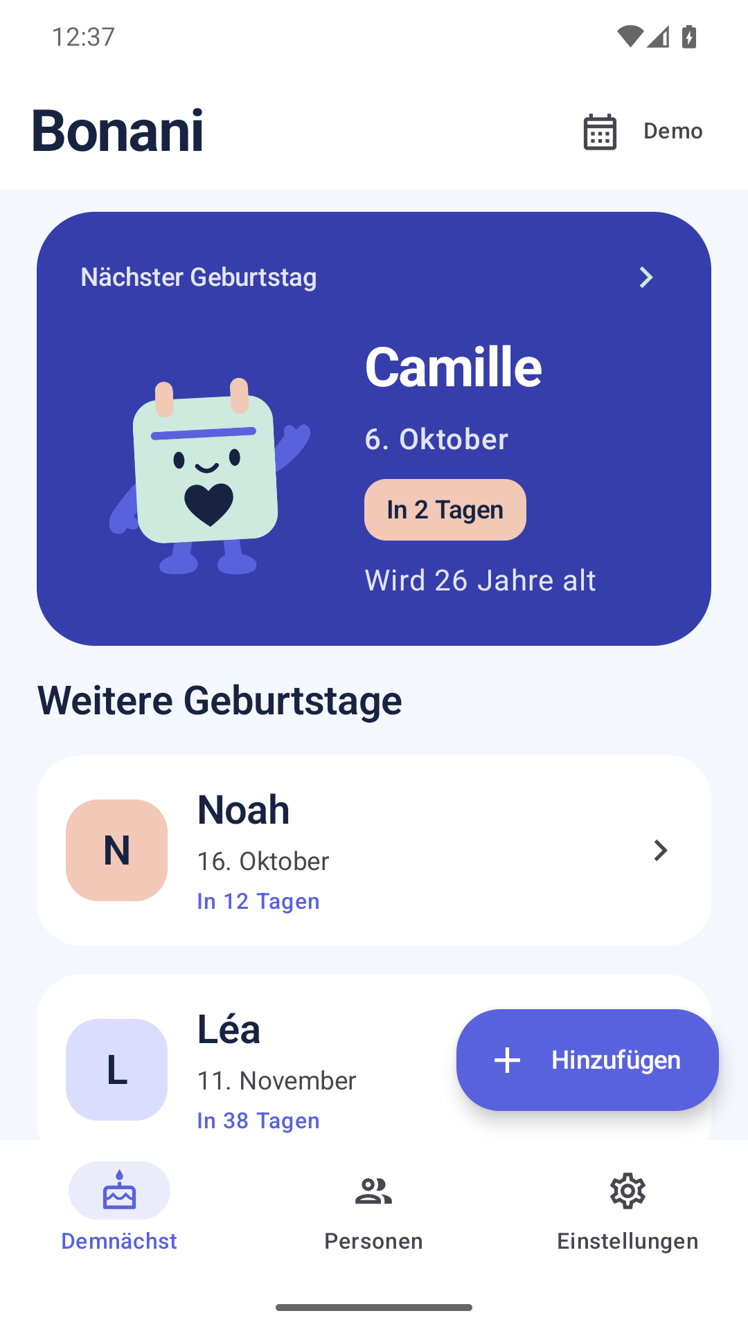 Android-Demoansicht von Bonani. Camille hat am 6. Oktober Geburtstag, danach folgen Noah und Léa.