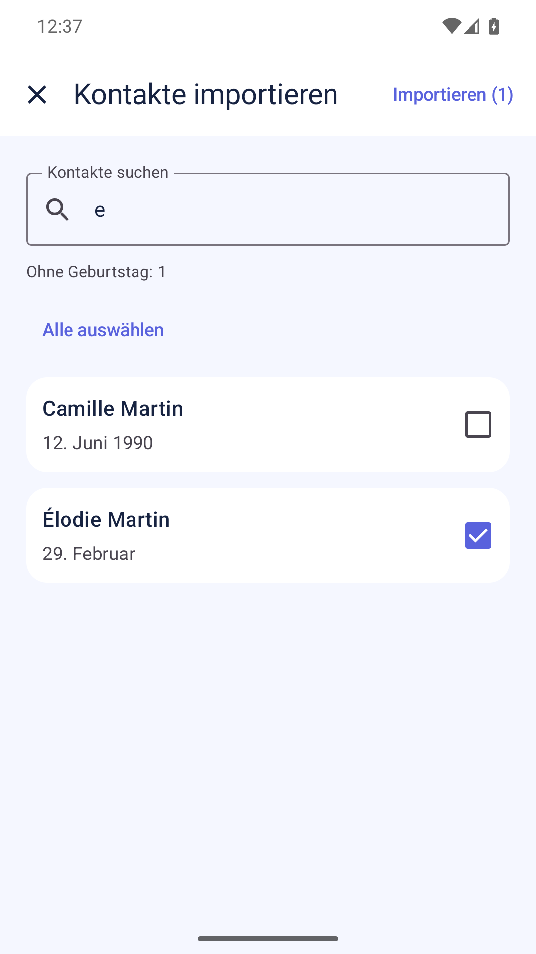 Personenliste von Bonani unter Android mit Suche und Import aus Kontakten.