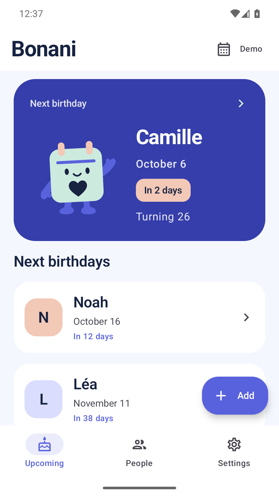 Bonani's Android demo screen. Camille's birthday is on October 6, followed by Noah and Léa.