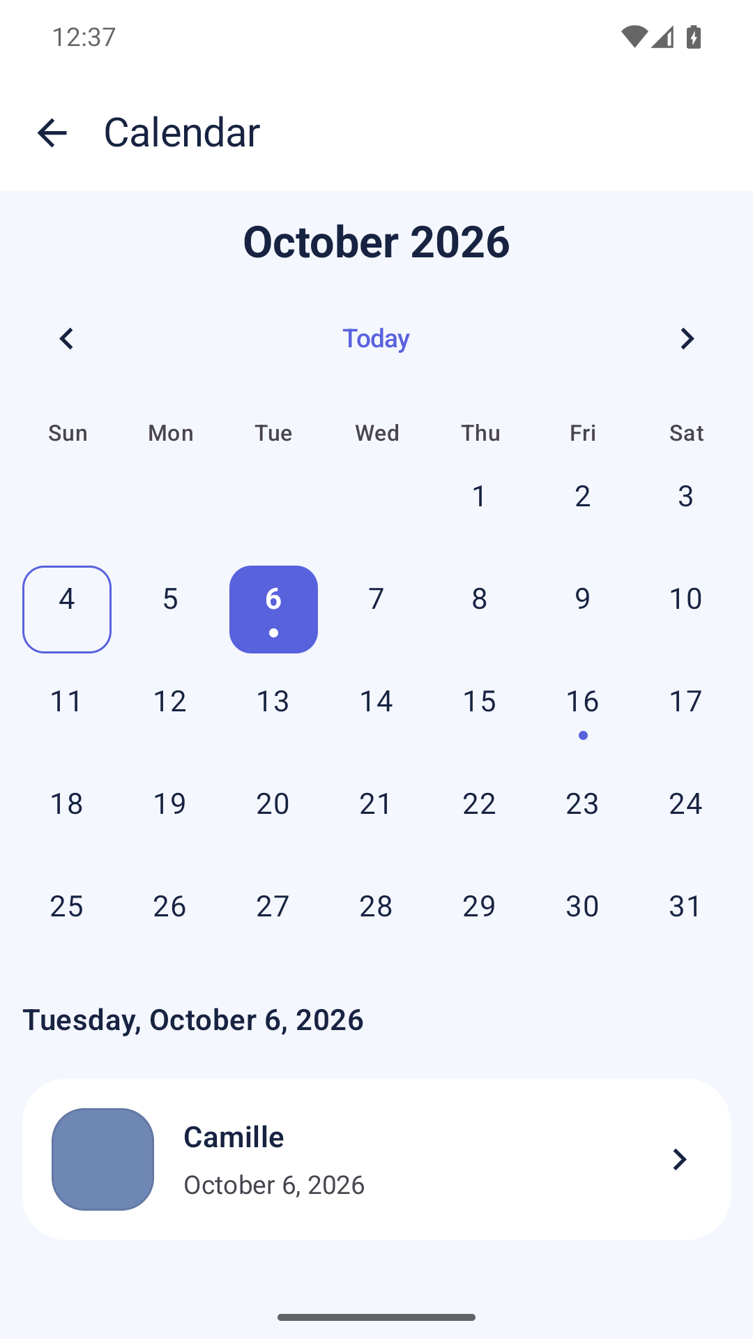 Bonani's Android calendar showing birthdays in October.