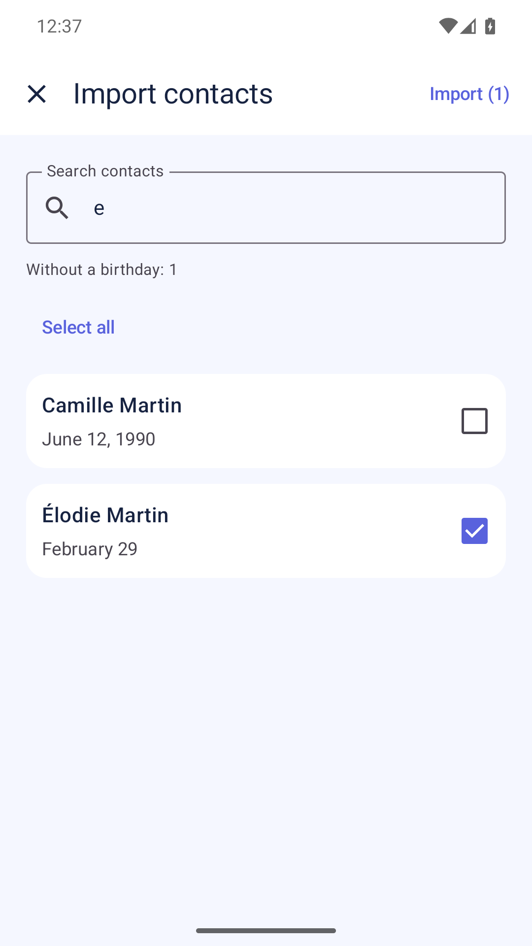 Bonani's people list on Android, with search and an option to add from contacts.