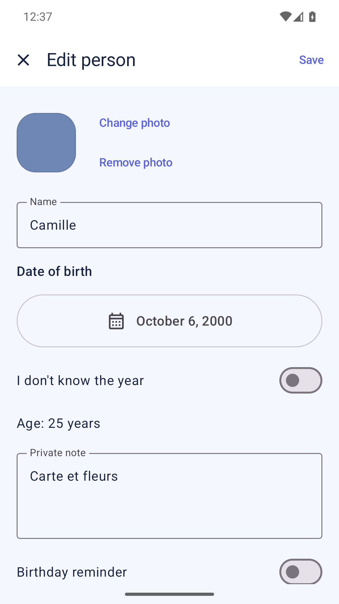 Camille's Android birthday page in Bonani, with her date and a fictional private note.