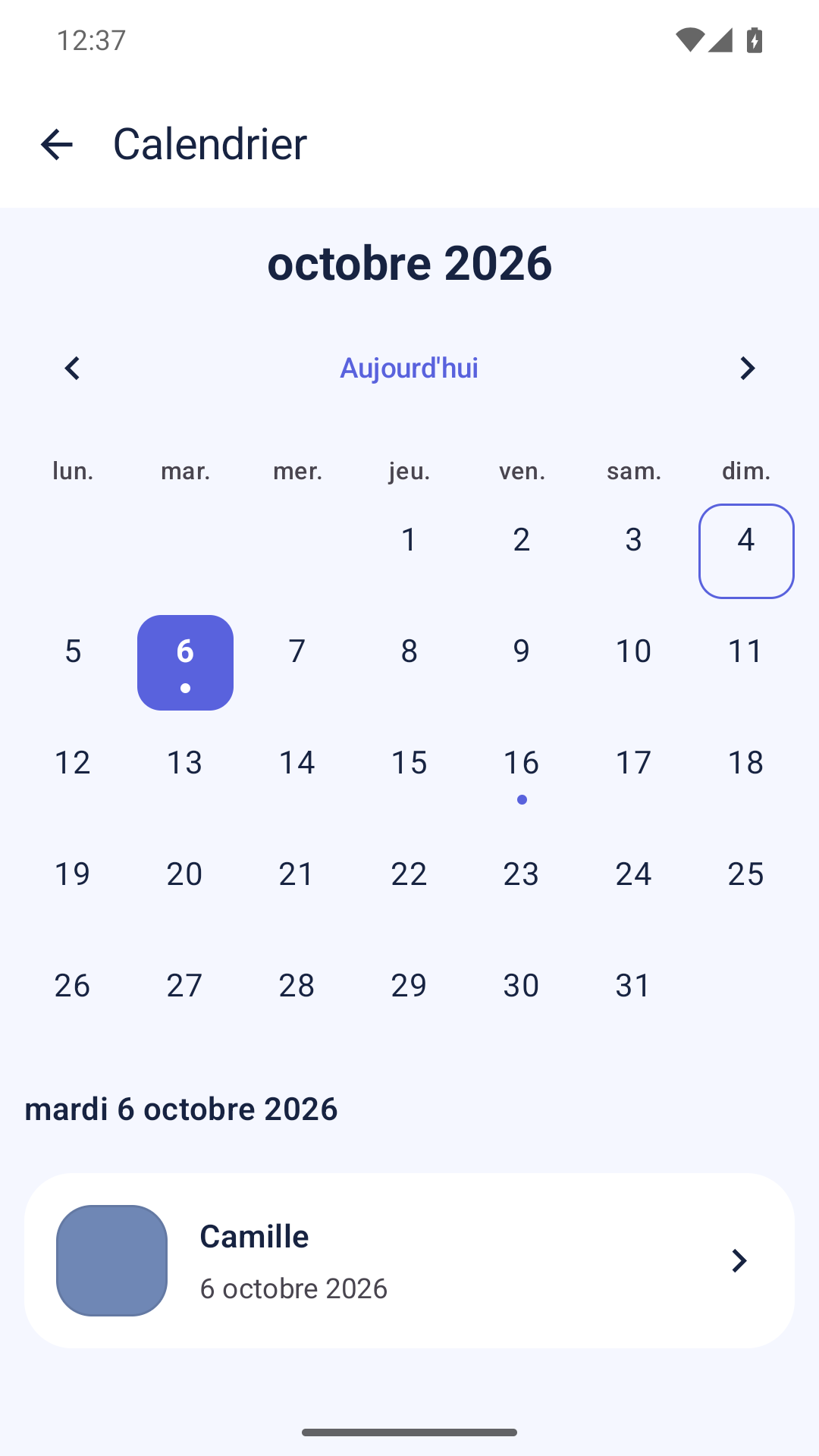 Calendrier Android de Bonani avec les anniversaires du mois d'octobre.