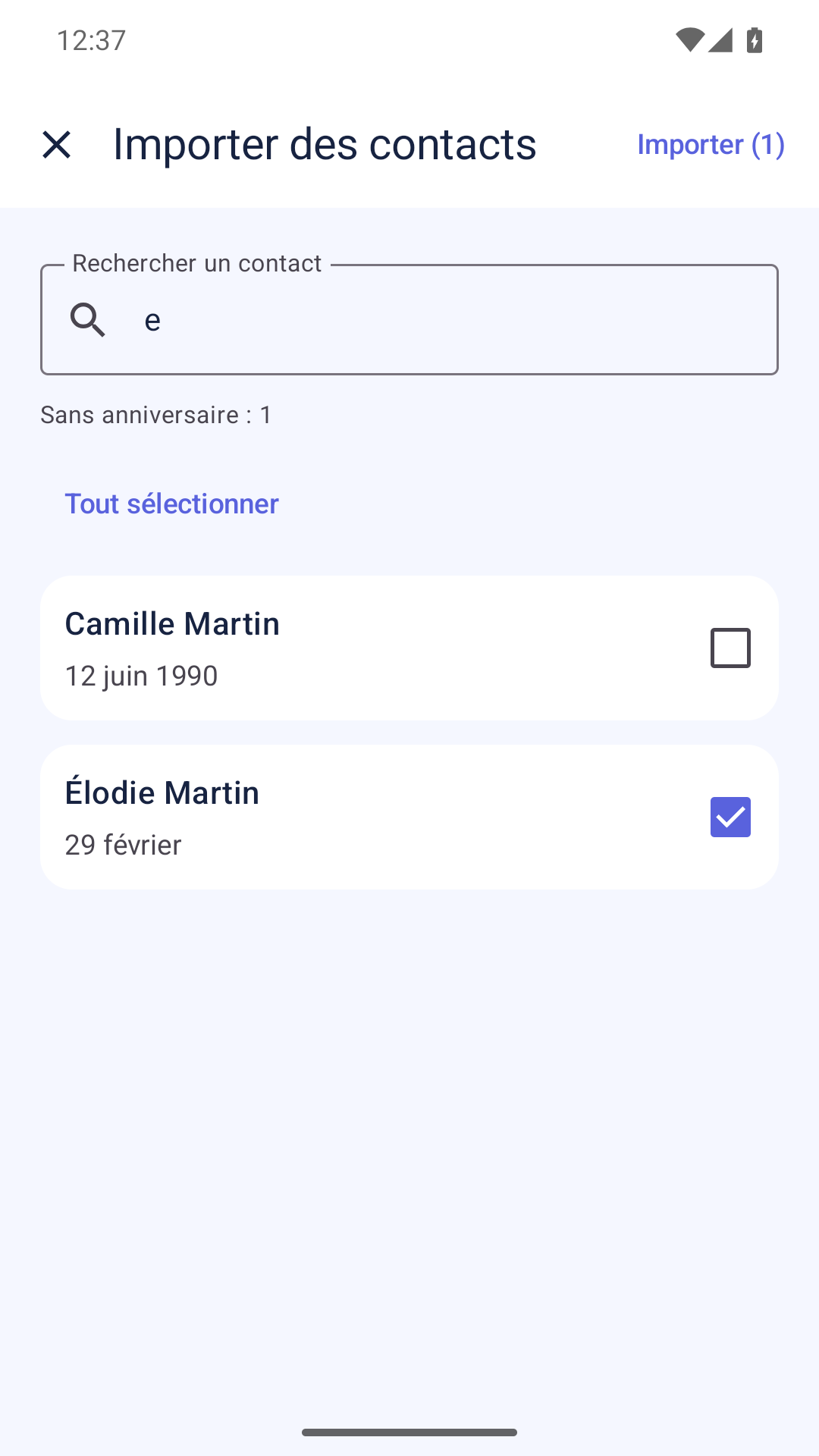 Liste des personnes dans Bonani sur Android, avec une recherche et l'ajout depuis les contacts.